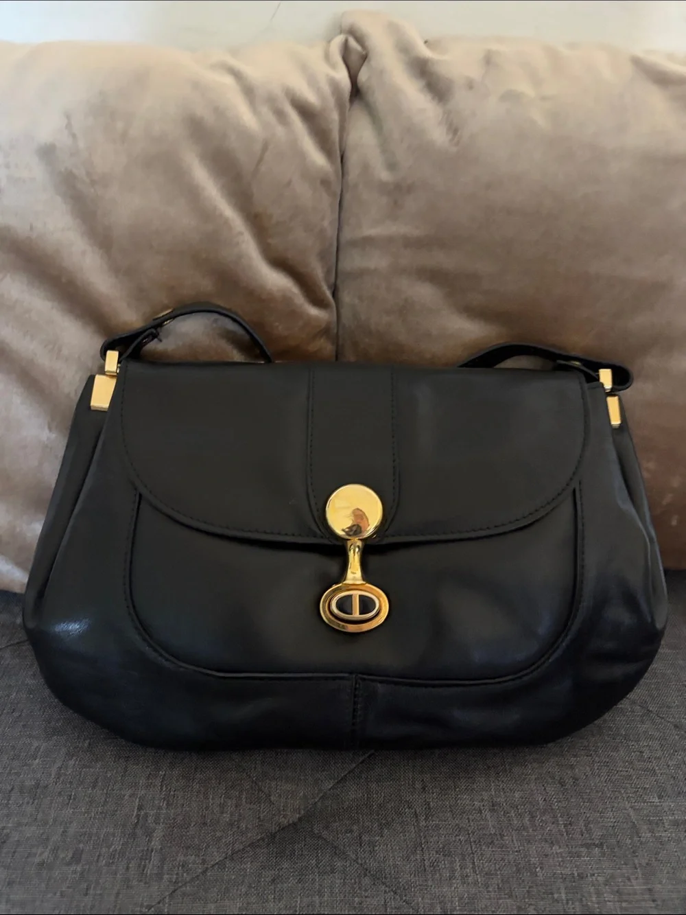 Vintage Black Leather Shoulder Bag with Gold Hardware, Strap 15 1/2 in. ,13x8 in